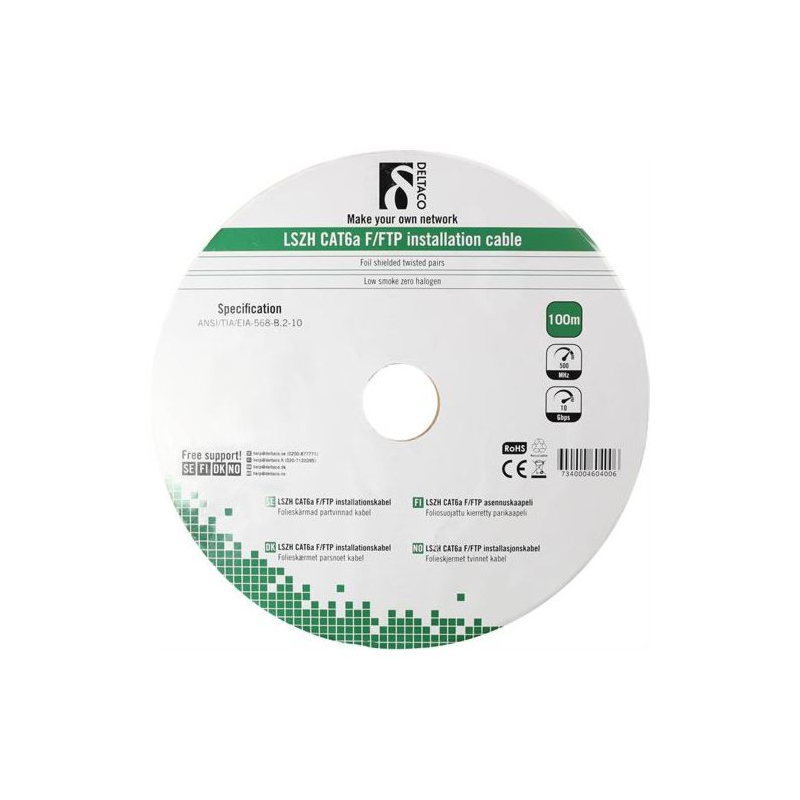 Alfaco Cat6a F/FTP 100m installatiekabel 500MHz op rol stug 100% koper LSZH (Eca)